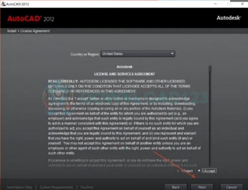 autocad 2012 chon i accept