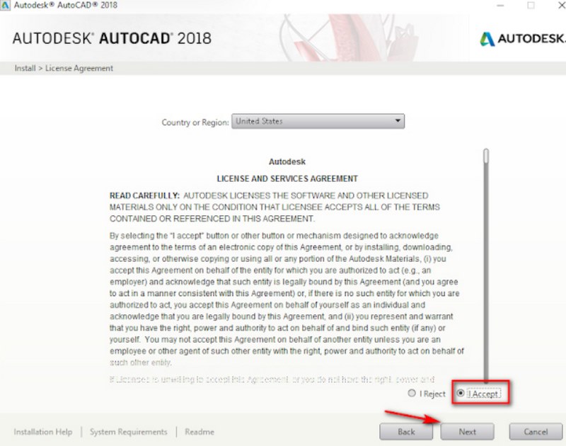  Bấm I Accept để đồng ý với những điều khoản quy định của autocad 2018