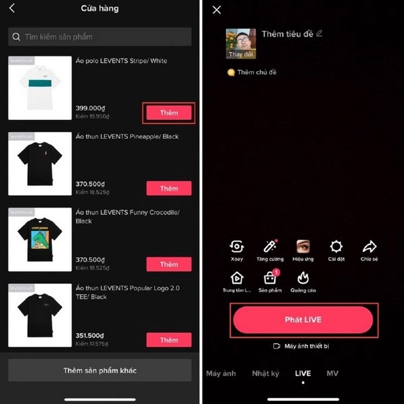 cach gan gio hang tren tiktok hien thi khi phat live