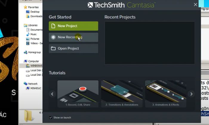 camtasia 2018 chon muc new project