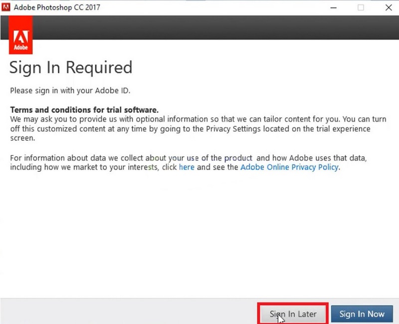 photoshop cc 2017 chon sign in later