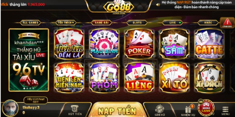 Tỷ lệ trả thưởng game bài Go88 hiển thị rõ ràng