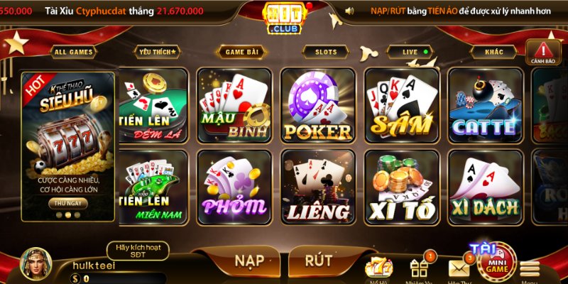 Game bài Hitclub sở hữu danh mục trò chơi đa dạng thể loại